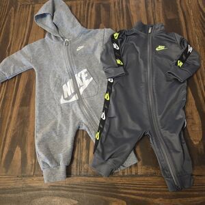 Nike Baby Jumpsuit Bundle Size 6M – Gray & Neon Logo Zip-Ups Long Sleeve Hood